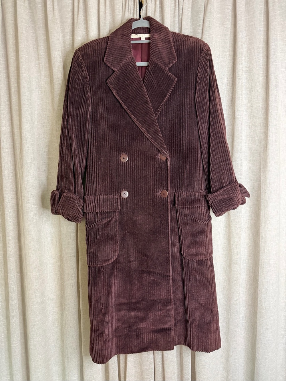 Perry Ellis Women's Corduroy Double-Breasted Coat in Deep Burgundy